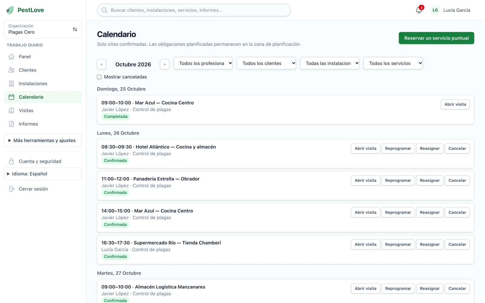 Calendario de visitas confirmadas con técnico, instalación y estado