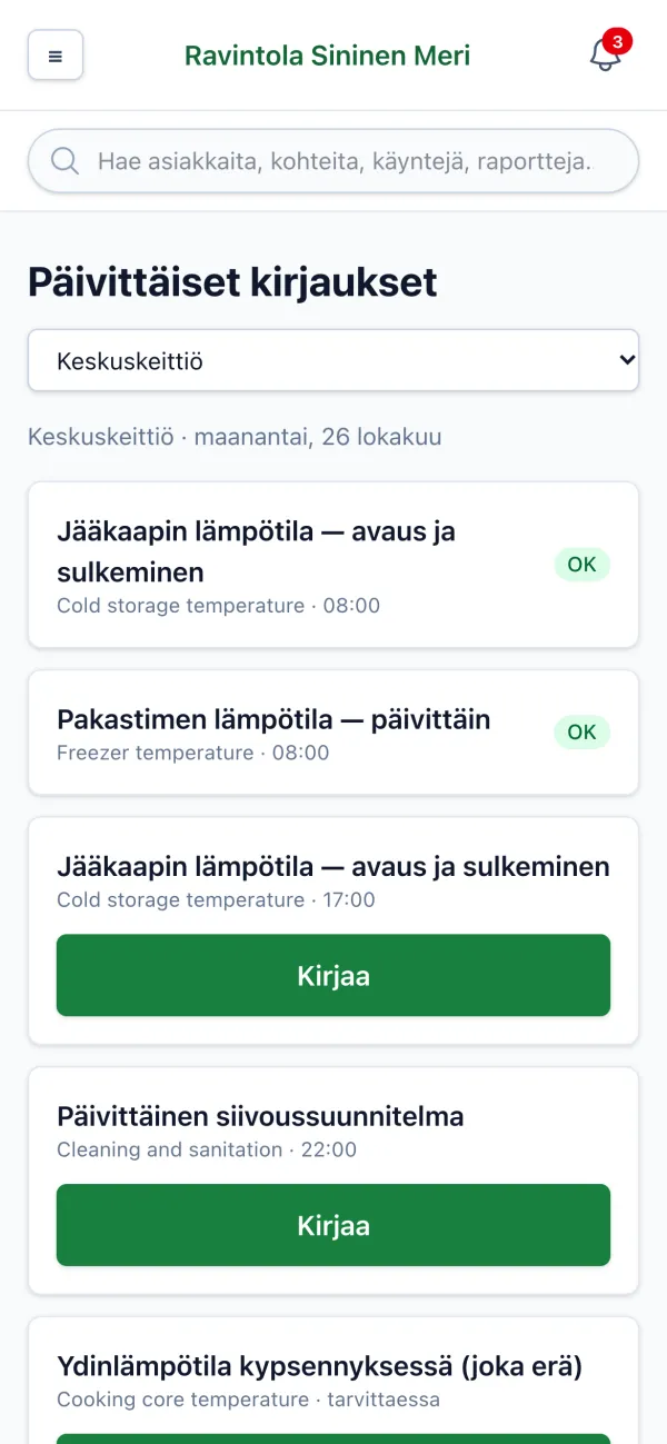 Päivittäiset elintarviketurvallisuuden tarkistukset puhelimessa suurin painikkein