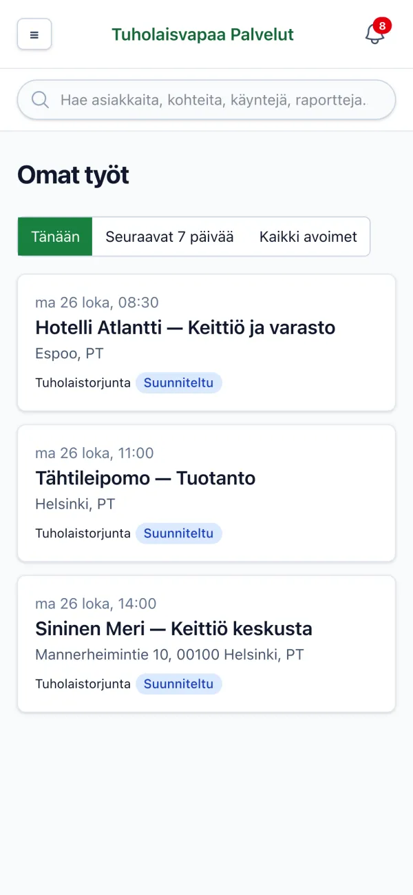 Teknikon tämän päivän käynnit puhelimessa